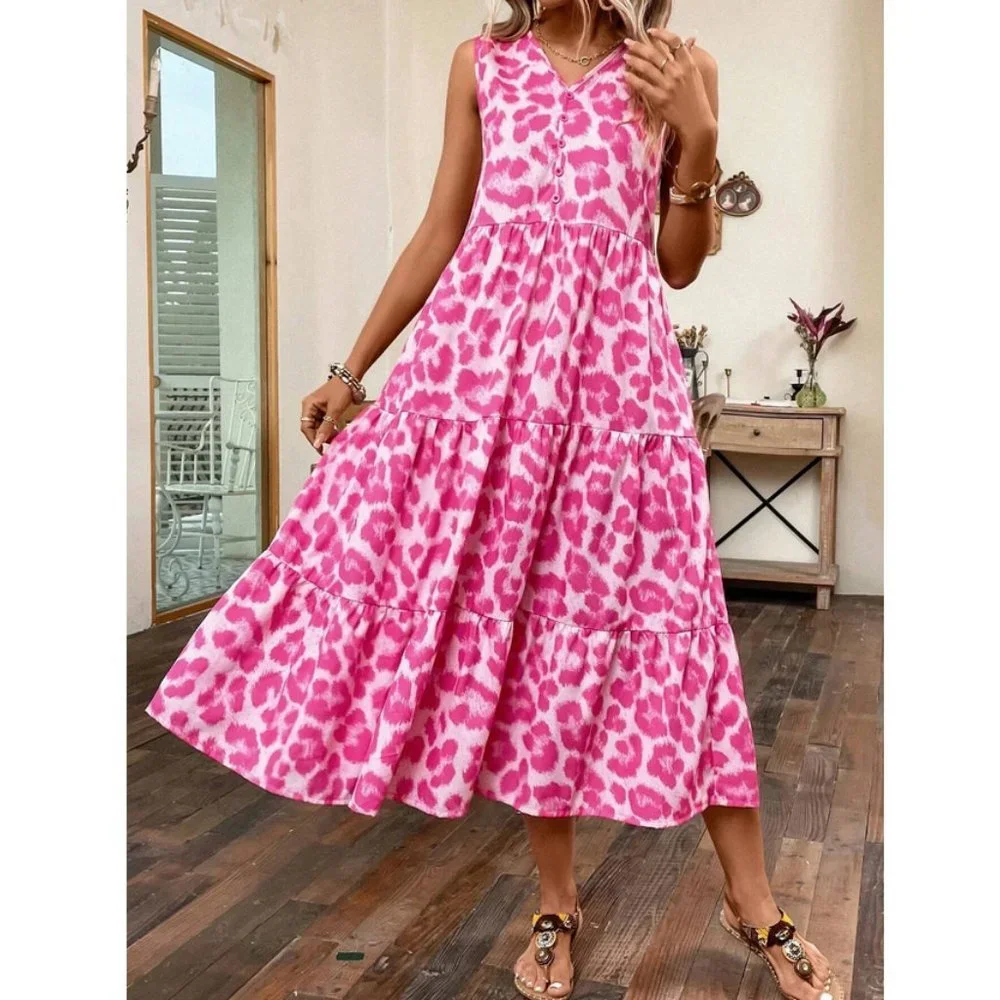 Pink Boho Womens Leopard Print Ruffle Hem Smock Dress - Picture 3 of 7